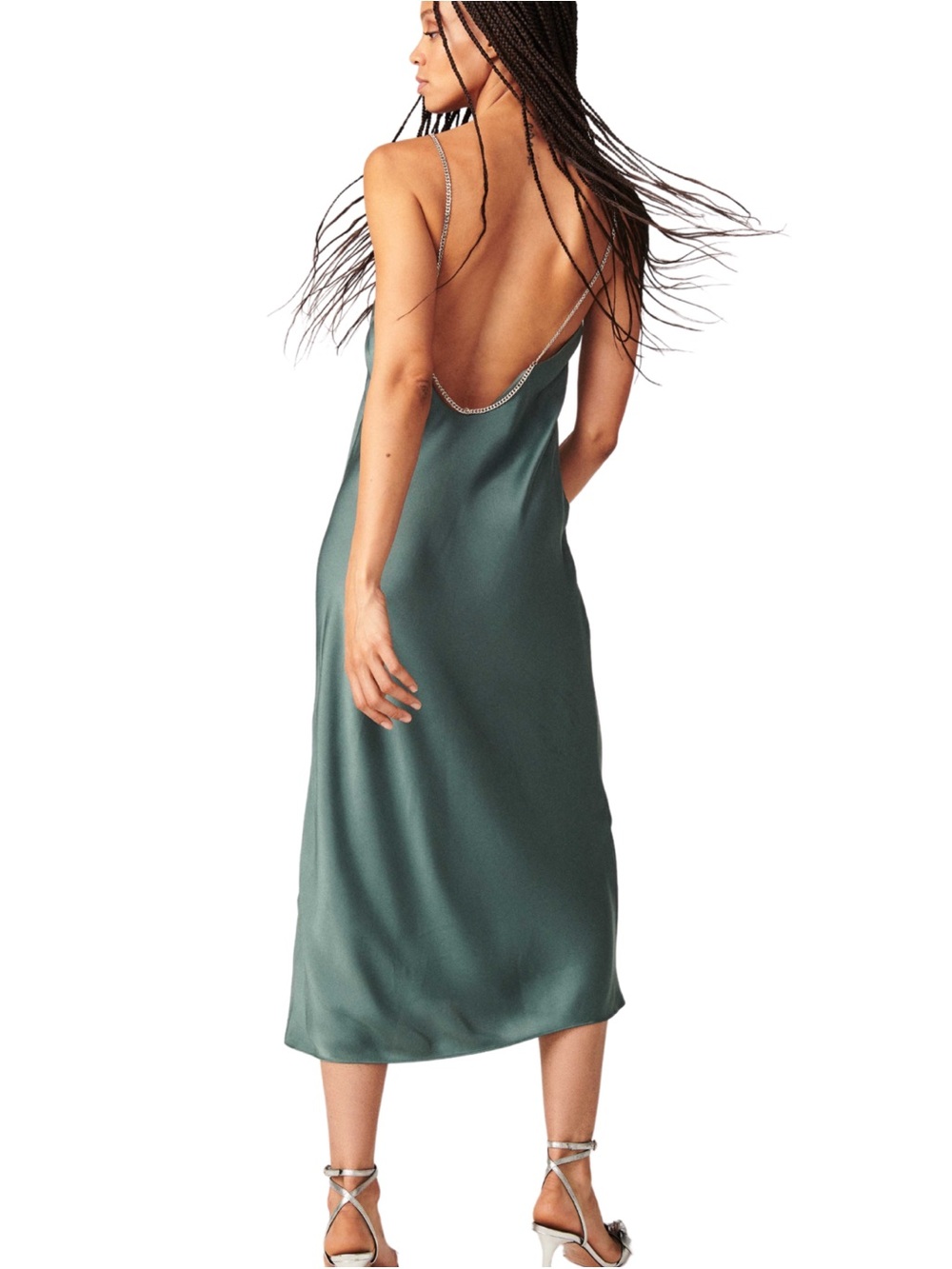 ba&sh Olive Green Satin Slip Dress with Chain Straps